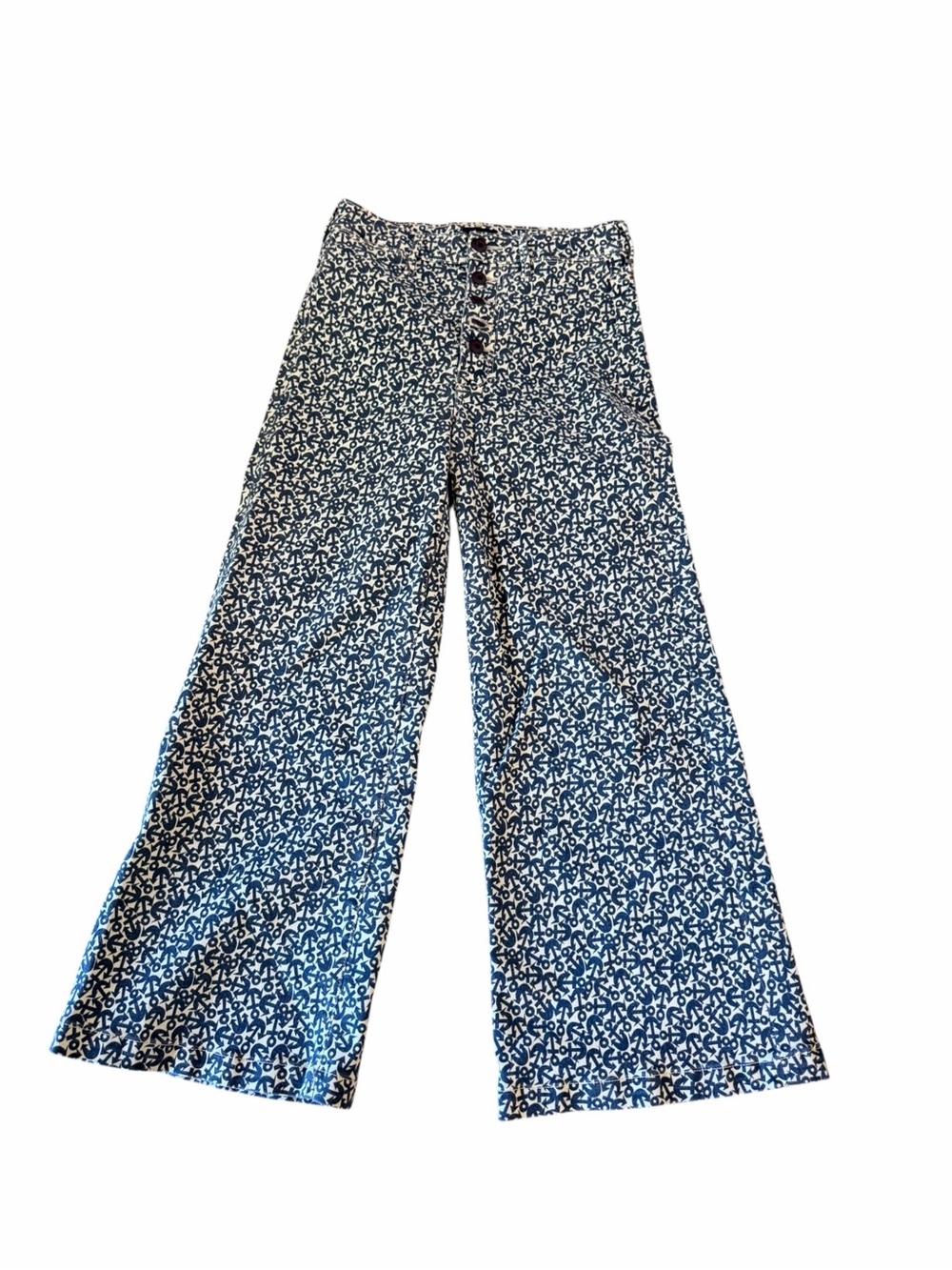 MOTHER Anchor Print Wide Leg Jeans, Navy & Cream Nautical, High Rise Button Fly